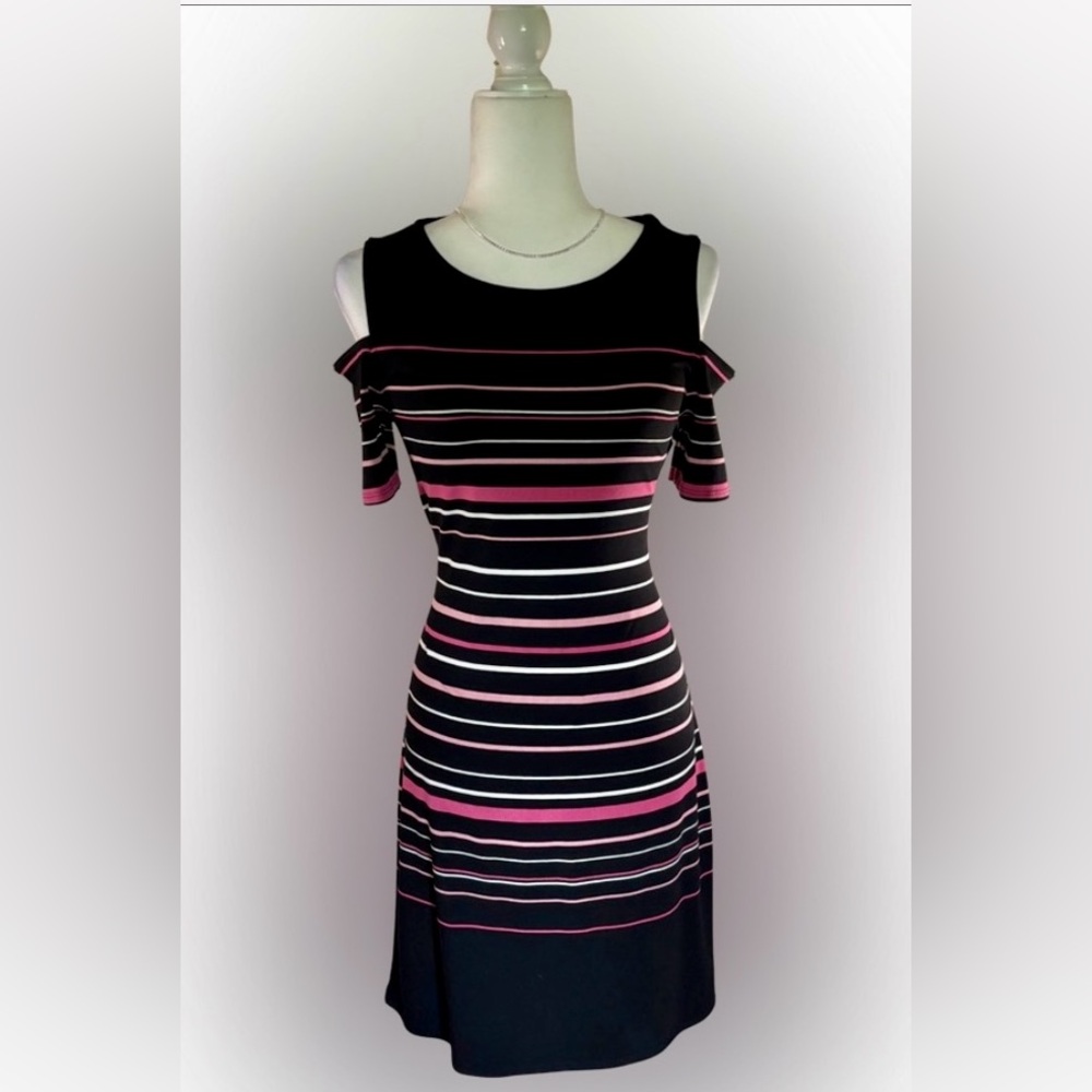 White House Black Market Striped Cold Shoulder Dress Pink Black White Size S